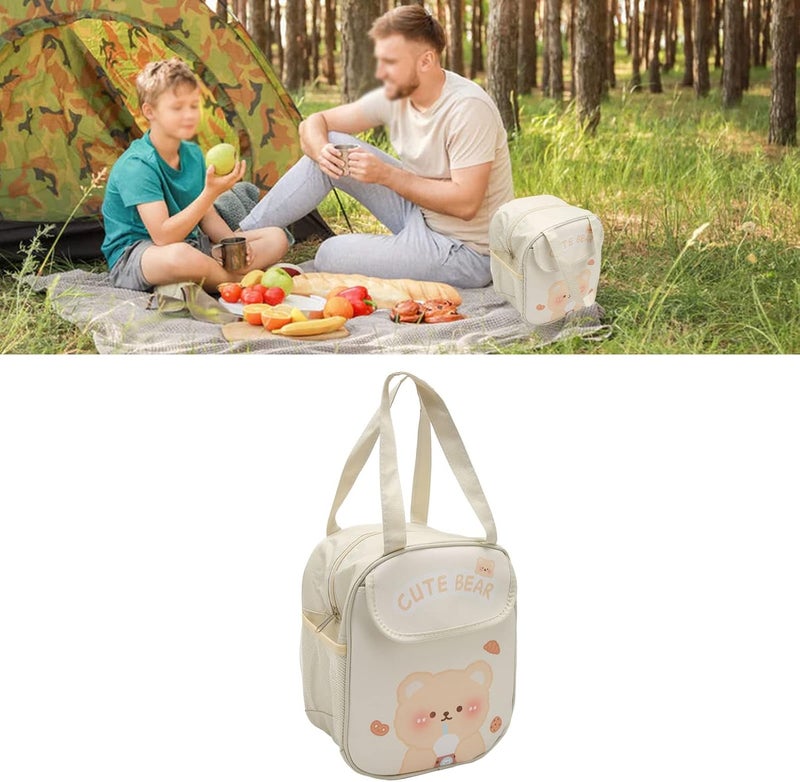 كلاراكو حقيبة غداء كلاركو بنمط كرتوني لطيف مع مقبض، سعة كبيرة، مصنوعة من رقائق الألومنيوم، مناسبة للمكتب والنزهات والسفر (دب شاي حليب بيج) - Image 4