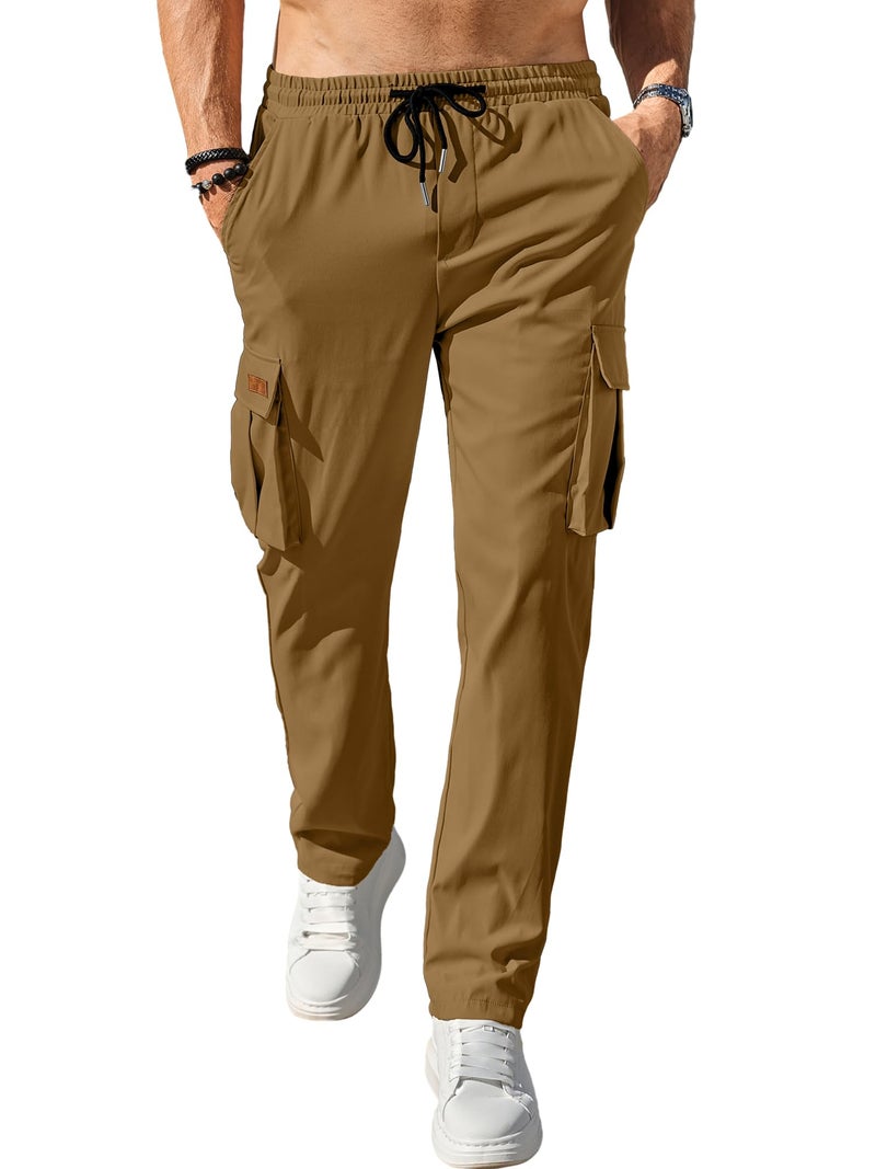 Comdecevis Men's Casual Cargo Pants Workout Joggers Stretch Sweatpants Hiking Drawstring Tactical Pants with Multi Pockets Brown - Image 2