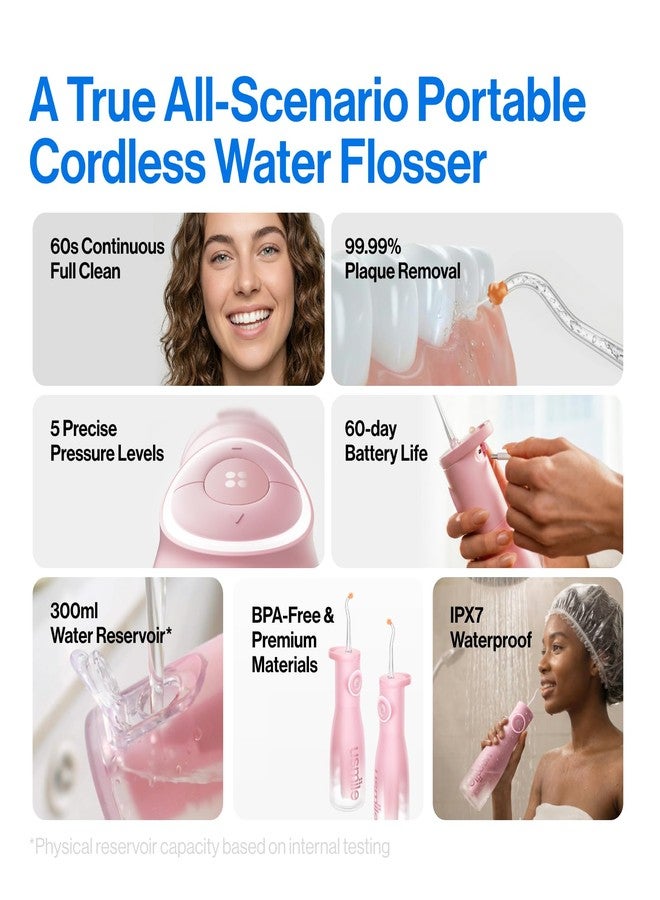 usmile C30 Cordless Water Flosser, 300ml Large Tank, 5 Pressure Levels Deep Clean, S-Shaped Nozzles for Braces & Sensitive Gums, USB-C Rechargeable, IPX7 Waterproof, Portable Travel & Home Use(Pink - Image 2