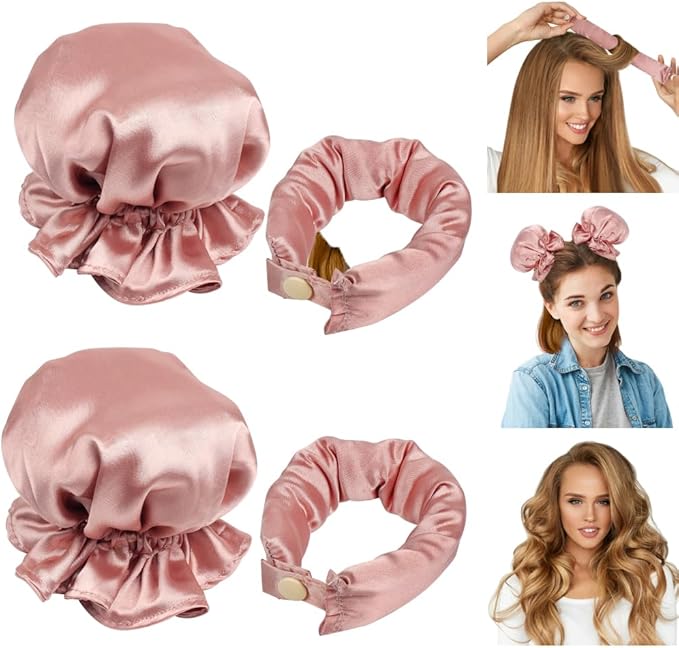 ZGTS Heatless Hair CurlersNo Heat Hair Curling Rod with Soft Satin Hair Curling Caps for Long Medium Hair Sleep In Hair Curling Kits of 2 Pieces for Women Girls Pink
