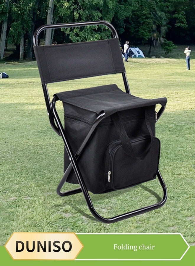 DUNISO كرسي شاطئ قابل للطي محمول، كرسي تخييم متعدد الأغراض للبالغين، كرسي صيد خارجي، مع مقبض، مسند ظهر وحزمة ثلج، قادر على تحمل 100 كيلوغرام، 35 * 28 * 58 سم، أسود - Image 1