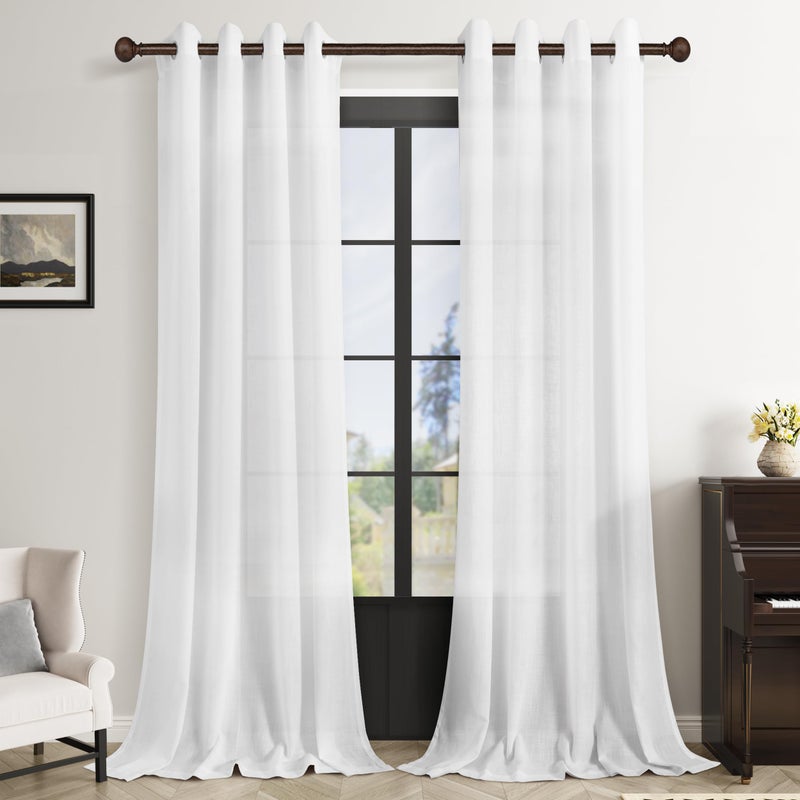 White Curtains 90 Inches Long for Living Room Set of 2 Grommet Lightweight Cotton Linen Drape Elegant Neutral Boho Semi Sheer Window Treatment Panels 90 In Curtain for Bedroom Patio Sliding Door