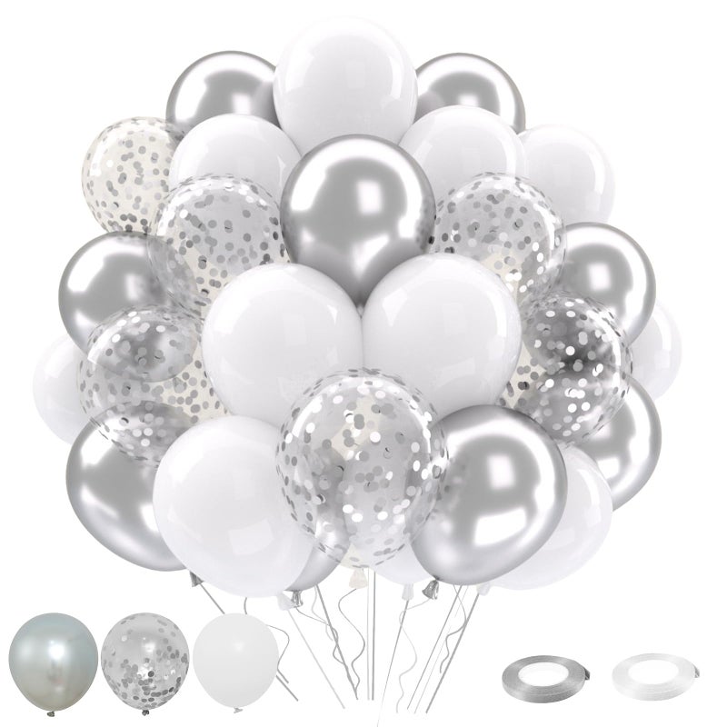 Patimate White and Silver Balloons Set, 50 pcs 12 inch Metallic Silver White Confetti Latex Balloons Kit for Birthday Wedding Anniversary Baby Shower Party Decorations - Image 1