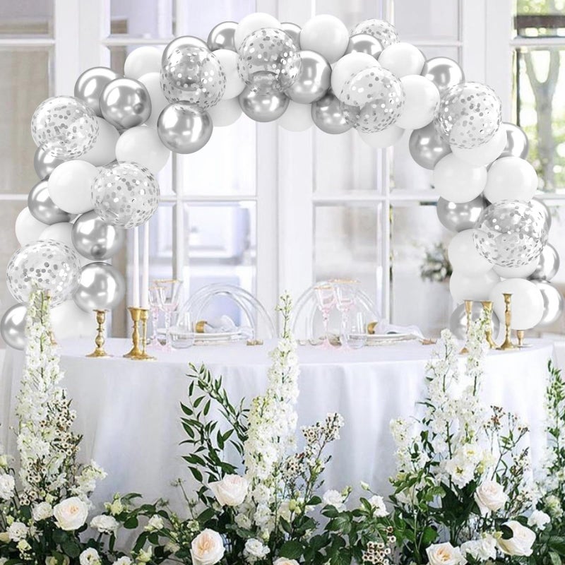 Patimate White and Silver Balloons Set, 50 pcs 12 inch Metallic Silver White Confetti Latex Balloons Kit for Birthday Wedding Anniversary Baby Shower Party Decorations - Image 3