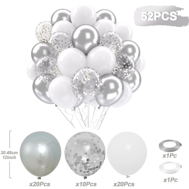 Patimate White and Silver Balloons Set, 50 pcs 12 inch Metallic Silver White Confetti Latex Balloons Kit for Birthday Wedding Anniversary Baby Shower Party Decorations - Image 4