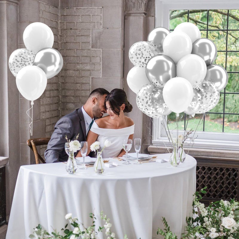 Patimate White and Silver Balloons Set, 50 pcs 12 inch Metallic Silver White Confetti Latex Balloons Kit for Birthday Wedding Anniversary Baby Shower Party Decorations - Image 5