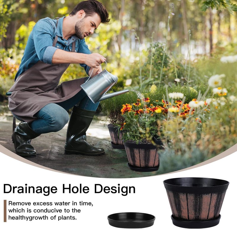 Quarut Plant Pots Set of 4 Pack 6 inch,Large Whiskey Barrel Planters with Drainage Holes & Saucer - Image 3