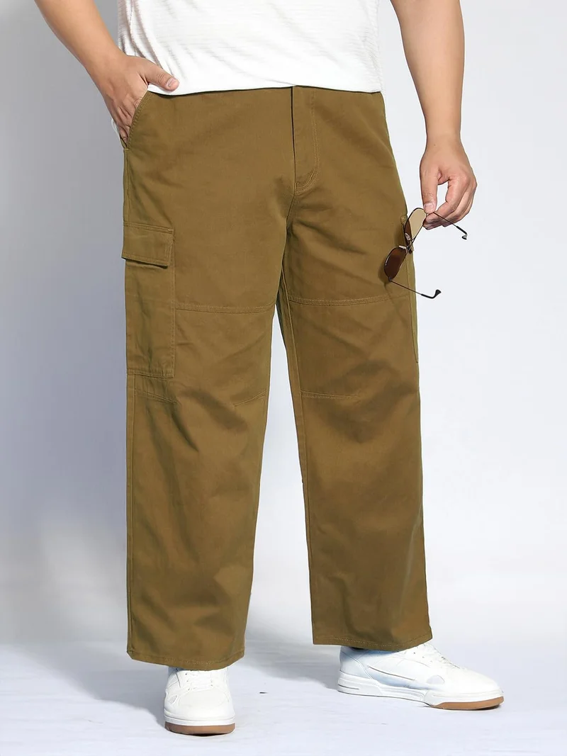 أوربانو فاشن Urbano Plus Men's Tobacco Loose Baggy Fit Solid Cargo Chino Pant with 6 Pockets Non-Stretchable