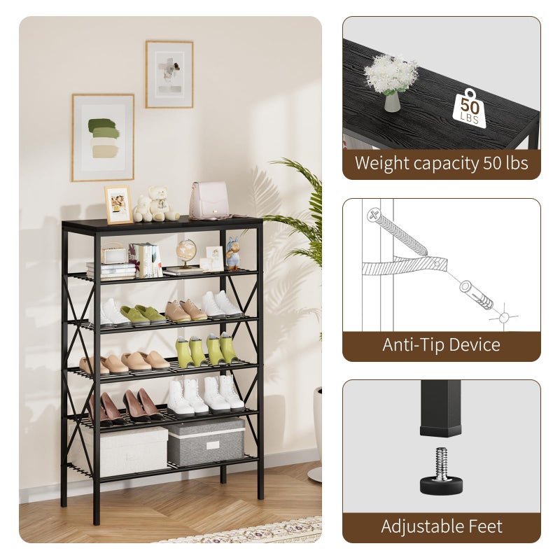 MILEFA 6 Tiers Shoe Rack, Large Capacity Shoe Rack Holds 32 Pairs of Shoes, Durable and Stable, Adjustable Metal Shelf Stackable Shoe Shelf for Entryway, Hallway, Living Room, Closet - Image 5