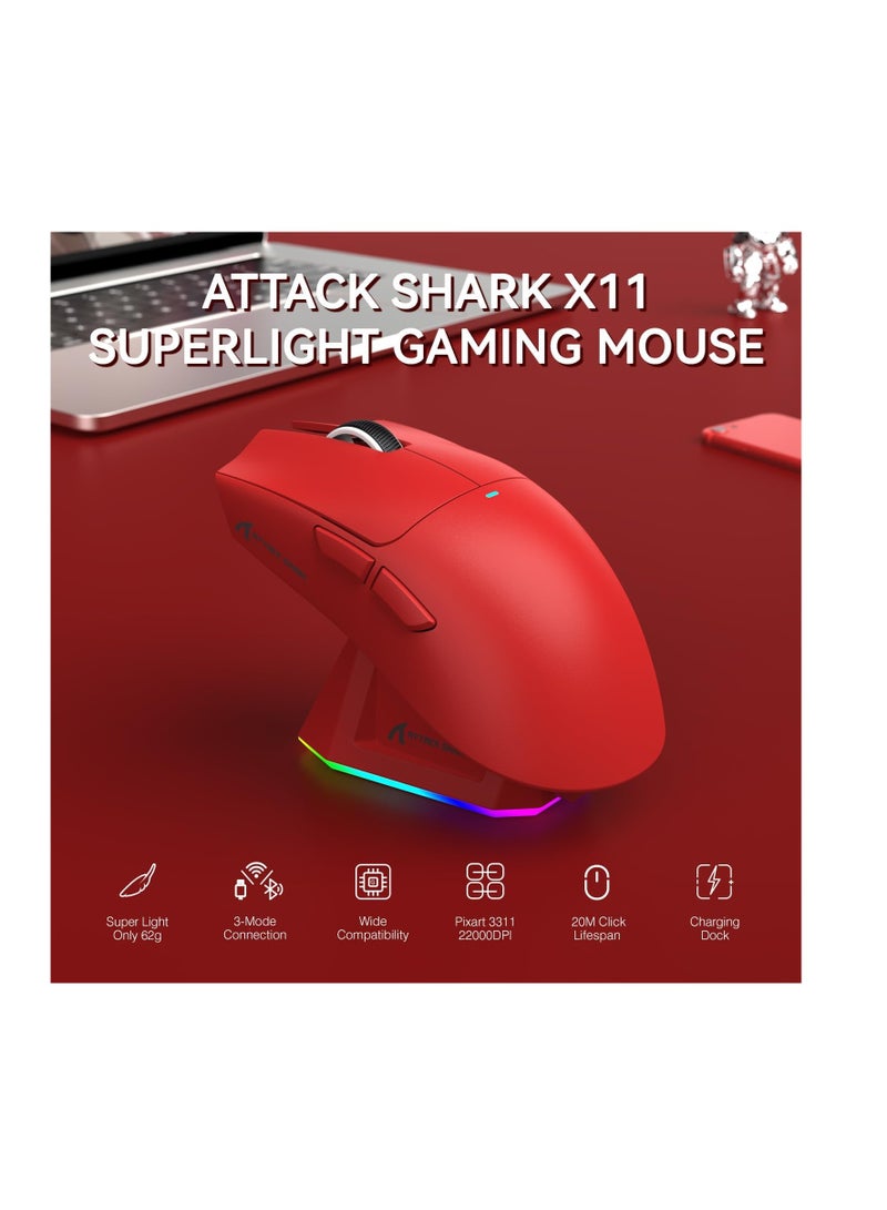 Attack Shark X11 Wireless Gaming Mouse with Charging Dock (Red) - Image 3