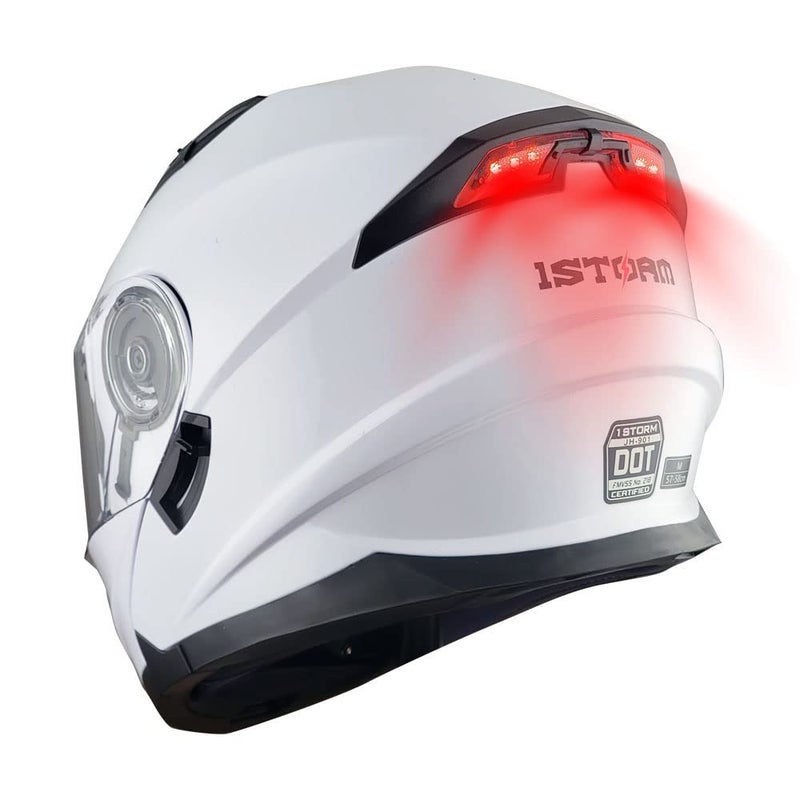 خوذة دراجة نارية جديدة 1Storm قابلة للتعديل بوجه كامل مع درع مزدوج ودرع شمس مع ضوء خلفي LED قابل للشحن باللون الأبيض اللامع