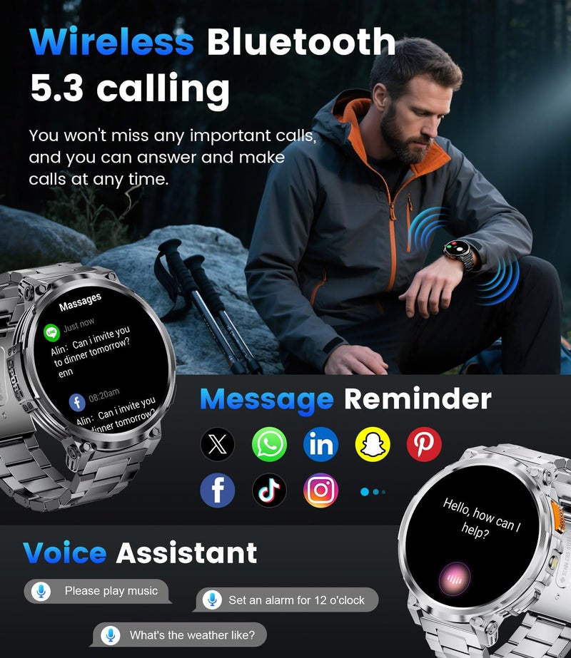 LIGE Smart Watches for Men with 730mAh Battery, 1.85" HD Smart Watch with Flashlight/Make/Answer Call/120+Sports Mode Fitness Tracker/Sleep Monitoring, iOS Android Waterproof Military SmartWatches - Image 3