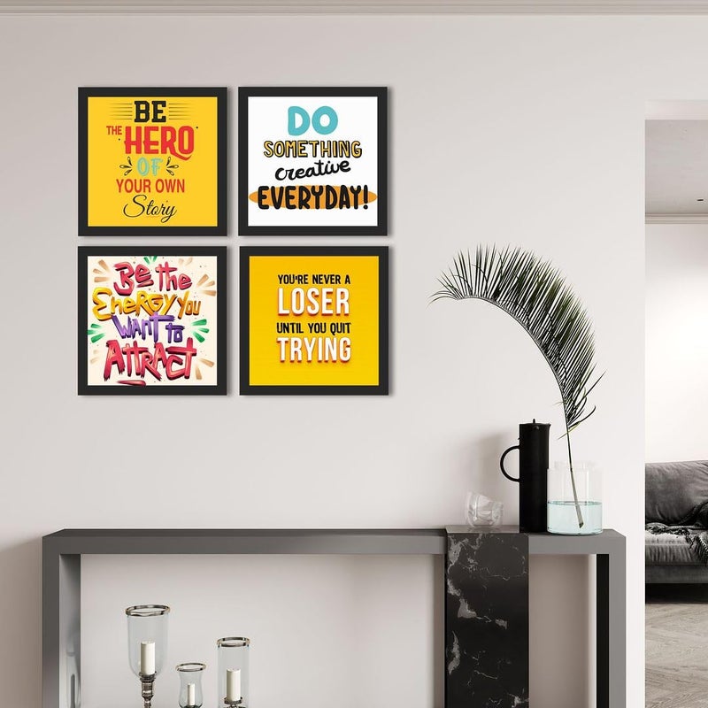 CVANU Set of 4 Be The Hero of Your Own Story Quotes Printed on Wooden Framed Poster for Wall Decoration 9inchX9inch_P176