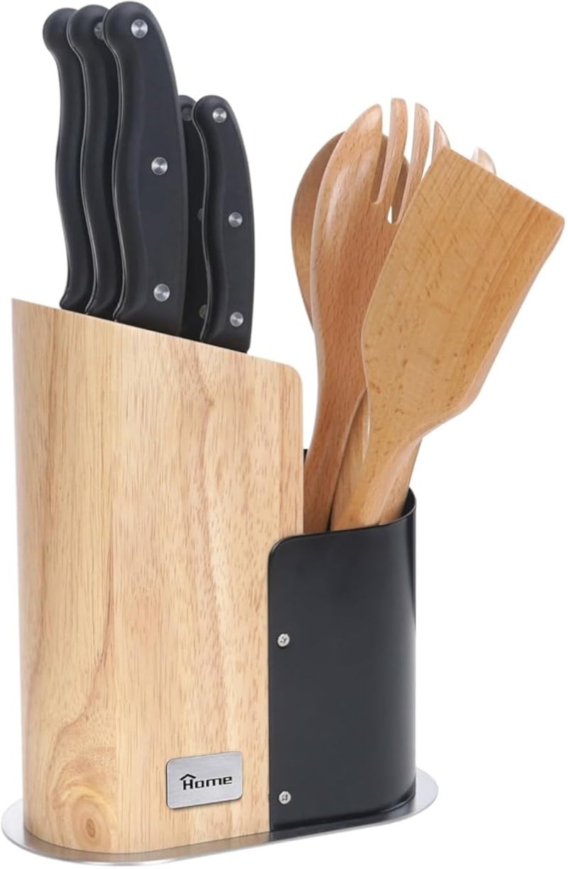 Home Stainless Steel Knife Block Set with Wooden Handle 10-Piece, 13 cm x 36 cm x 25 cm Size, Black