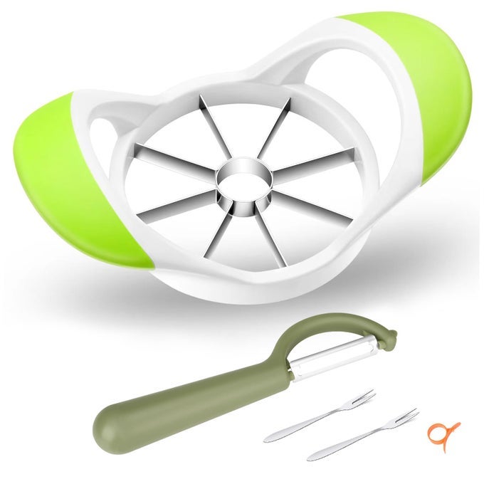 UPGRADED APPLE SLICER CORER AND DIVIDER 472 INCH 8 SUPER SHARP STAINLESS STEEL BLADES 1 SUPER SHARP PEELER 2 FRUIT FORKS AND 1 ORANGE CITRUS PEELER TOOL GREEN