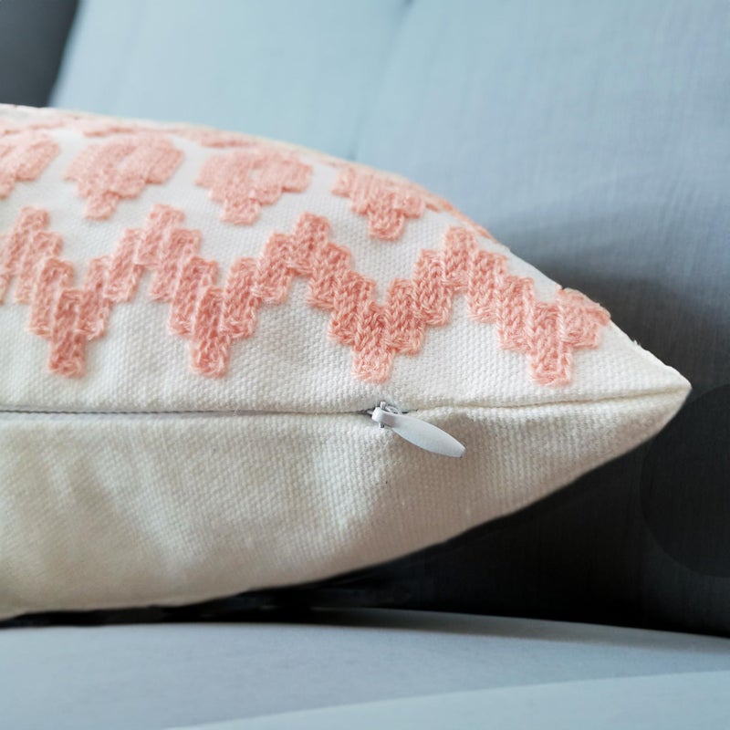 Aitliving Throw Pillow Cover Embroidered 1pc Summer Couch Accent Decorative Lumbar Pillowcase, Peach 12x20 Empire Diamonds Patterned Peachy Pink and White Motif Nectar Boho Geometric Bolster Cushion Cover - Image 3