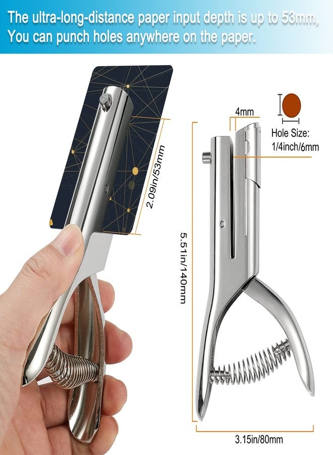 HNONPW Single Hole Punch 2 Inch Reach Deep Throat Heavy Duty Tab Zinc Alloy Silver Long 1/4 Inch Hand Held Leather Punch for Scrapbook Paper ID Card PVC Badge Photos - Image 2