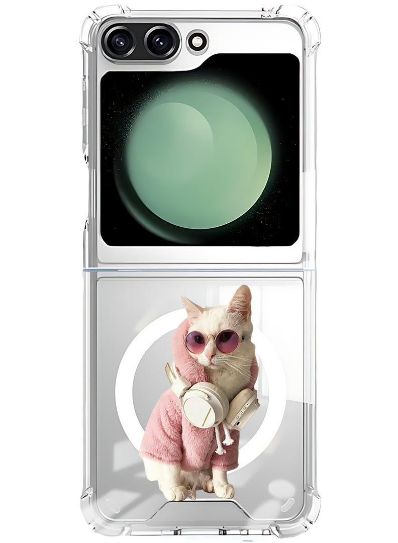 Theodor Magnetic Case for Samsung Galaxy Z Flip 5 Compatible with MagSafe Wireless Charging, Shockproof Phone Bumper Cover White Cat - Image 1