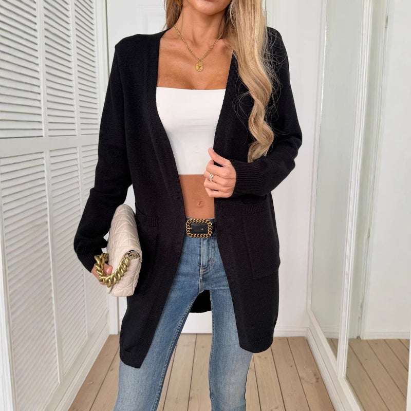 Women's Casual Loose Knit Cardigan V-Neck Long Sleeve with Pockets - Image 2