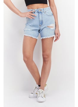 Women Rip No Stretch Denim Shorts, Light Wash Blue