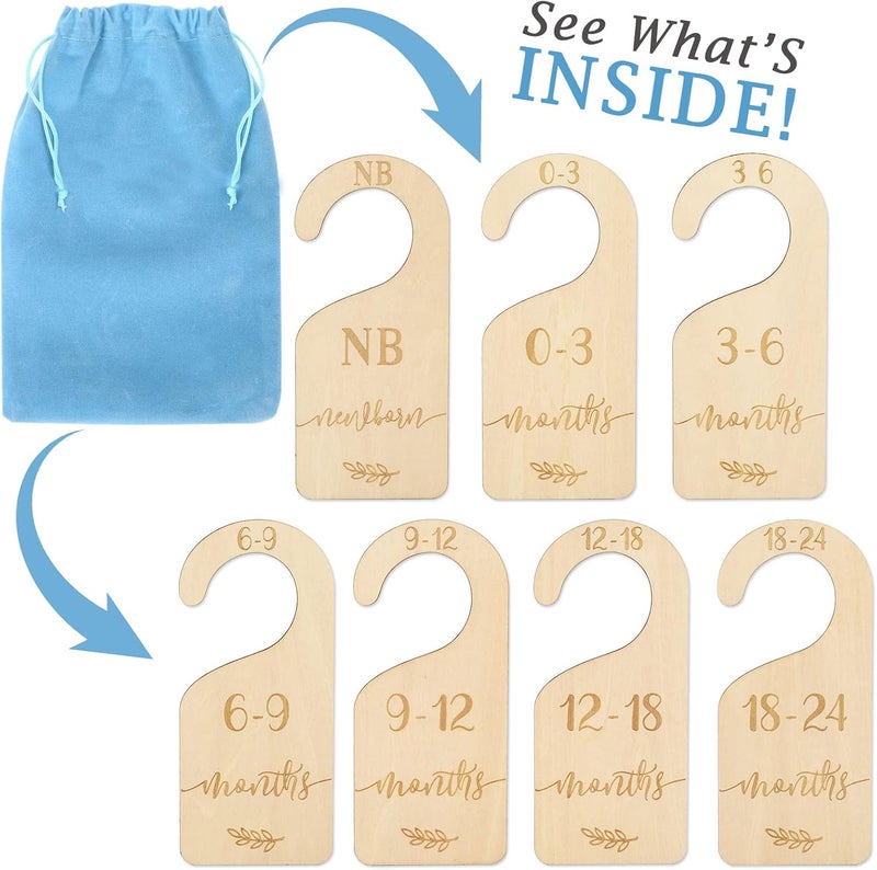 Whaline Wooden Baby Closet Size Dividers Set of 7 Wardrobe Hanger Organizer from Newborn to 24 Month Nursery Decor Dividers with Blue Velvet Bag Design for Home Nursery Infant Baby Clothes - Image 4
