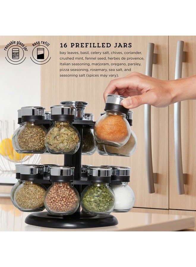 Kamenstein 16 Jar Ellington Revolving Countertop Spice Rack with Lift & Pour Caps and Spices Included, FREE Spice Refills for 5 Years: Black and Chrome - Image 2