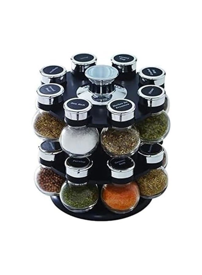 Kamenstein 16 Jar Ellington Revolving Countertop Spice Rack with Lift & Pour Caps and Spices Included, FREE Spice Refills for 5 Years: Black and Chrome - Image 1