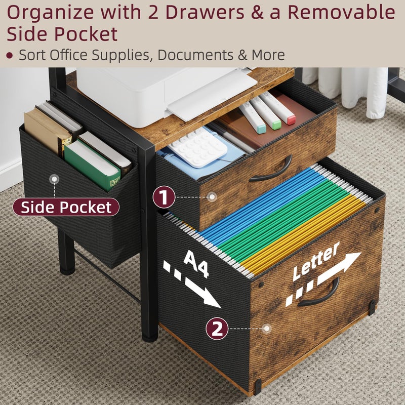 HIGDBFE Filing Cabinet with 2-Tier Printer Shelves, 2 Fabric Drawers File Cabinet with Side Bag&File Drawer for A4/Letter Size, Printer Stand with Storage for Home Office, Rustic Brown, 16.5" W - Image 4