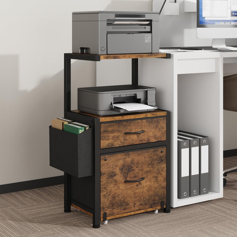 HIGDBFE Filing Cabinet with 2-Tier Printer Shelves, 2 Fabric Drawers File Cabinet with Side Bag&File Drawer for A4/Letter Size, Printer Stand with Storage for Home Office, Rustic Brown, 16.5" W - Image 1