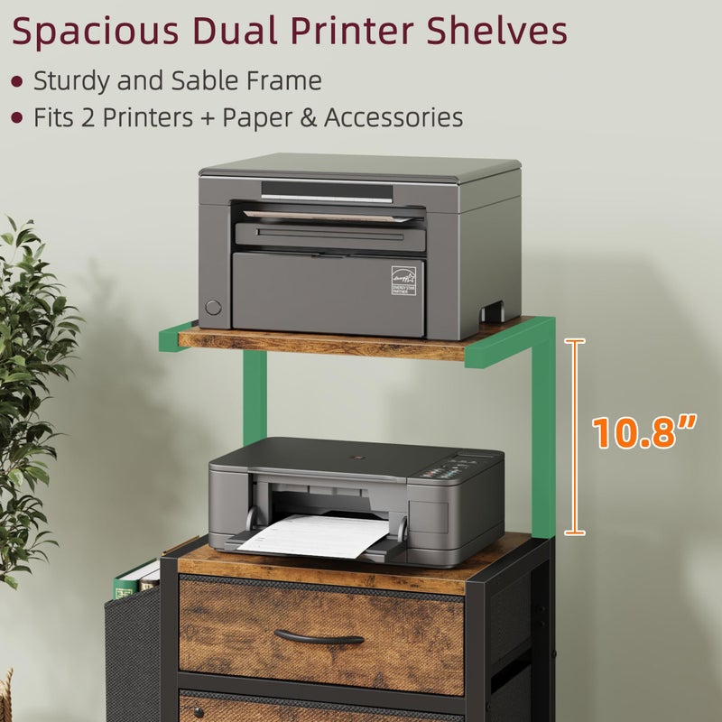 HIGDBFE Filing Cabinet with 2-Tier Printer Shelves, 2 Fabric Drawers File Cabinet with Side Bag&File Drawer for A4/Letter Size, Printer Stand with Storage for Home Office, Rustic Brown, 16.5" W - Image 3