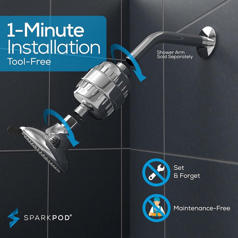 SparkPod 23-Stage Filtered Shower Head with 3 Spray Settings - High Pressure Shower Head with Filters for Dry Hair and Skin - Showerhead with Filter Reduces Chlorine & Heavy Metals (Polished Chrome) - Image 5