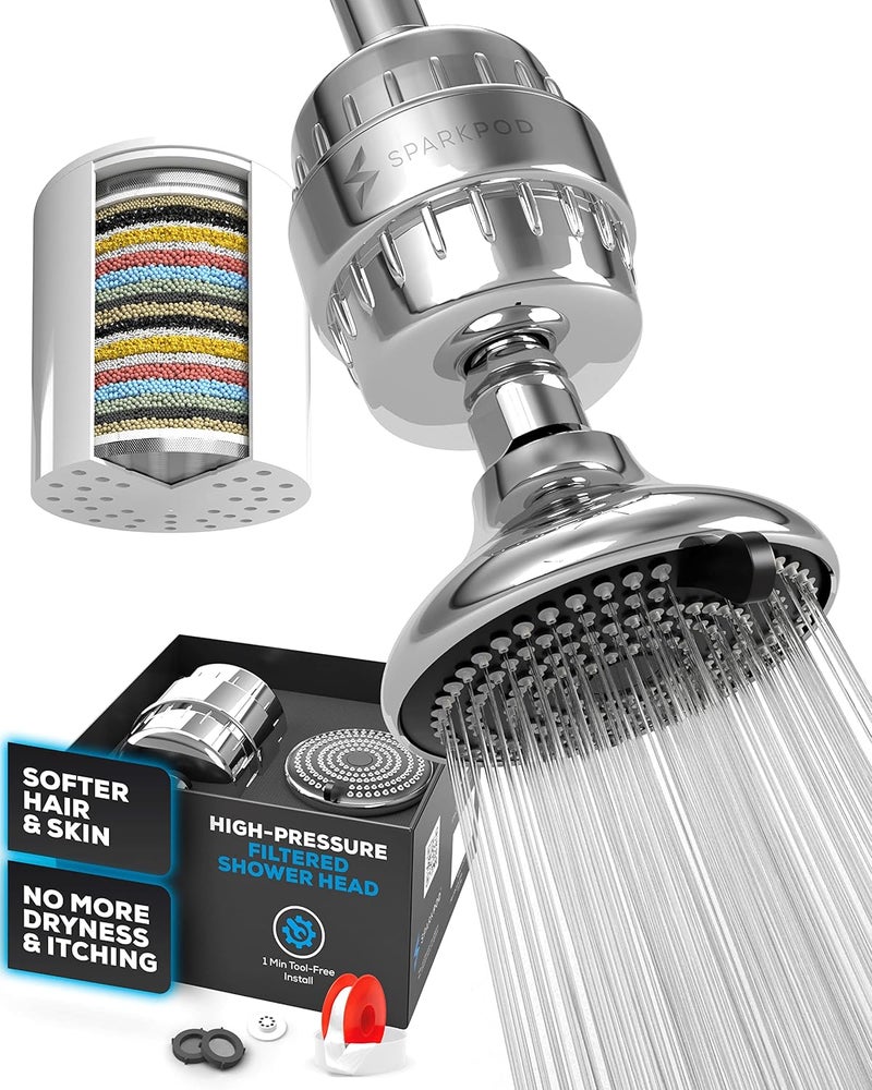 SparkPod 23-Stage Filtered Shower Head with 3 Spray Settings - High Pressure Shower Head with Filters for Dry Hair and Skin - Showerhead with Filter Reduces Chlorine & Heavy Metals (Polished Chrome) - Image 1