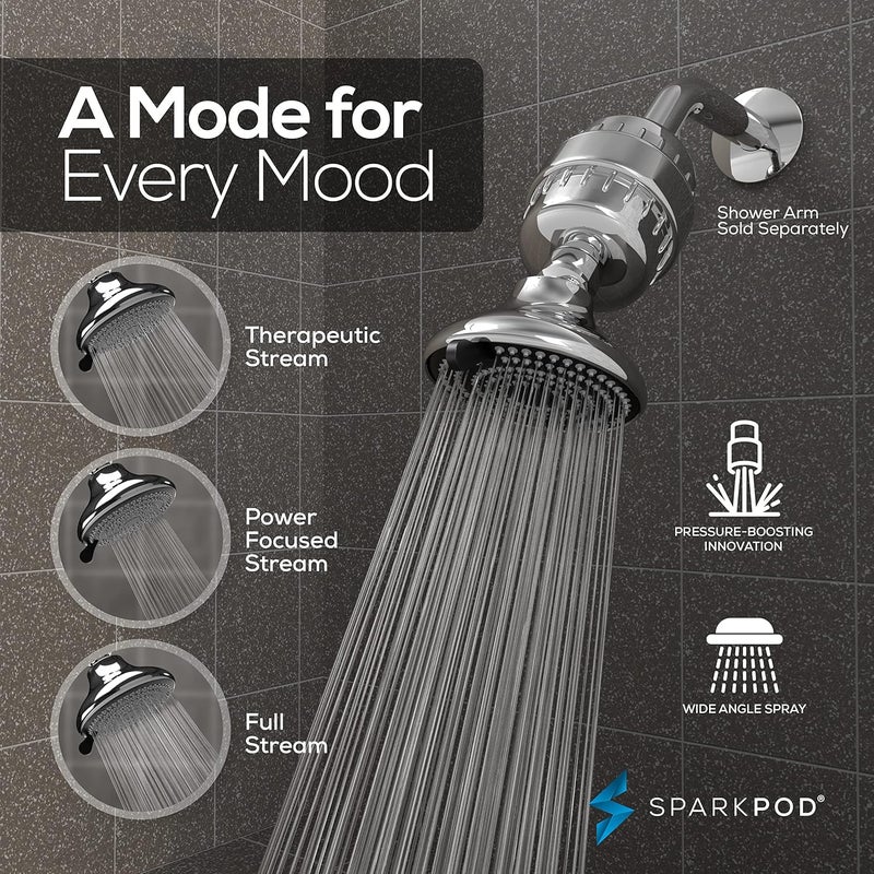 SparkPod 23-Stage Filtered Shower Head with 3 Spray Settings - High Pressure Shower Head with Filters for Dry Hair and Skin - Showerhead with Filter Reduces Chlorine & Heavy Metals (Polished Chrome) - Image 4