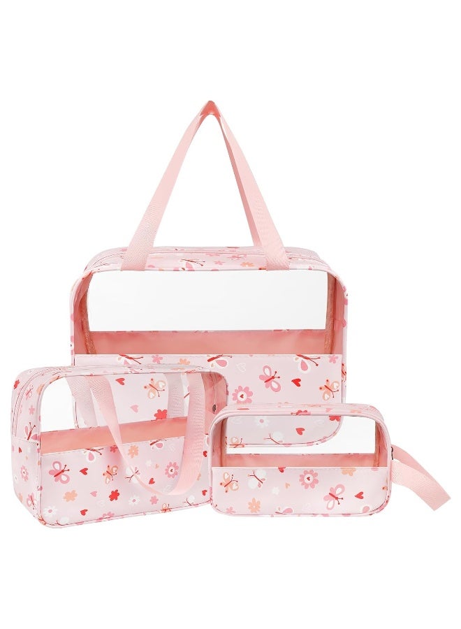 3Pcs Clear Toiletry Bag, Portable Waterproof Toiletry Bags, Makeup Bag with Zippers, Handing Travel Accessories, Travel Accessorie, PVC Cosmetic Bag, Waterproof Cosmetic Wash Bags for Travelling, Pink - Image 1