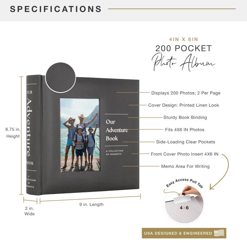 MCS Our Adventure Charcoal Photo Album Holds 200 4x6 Photos with Memo Space, Clear Side-Loading Pockets â€“ Scrapbook Style Keepsake for Vacations & More â€“ A Thoughtful Gift - Image 3