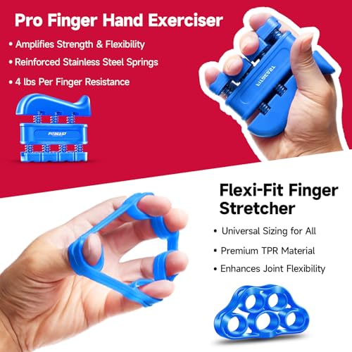 FitBeast Hand Grip Strengthener Workout Kit (5 Pack) FitBeast Forearm Grip Adjustable Resistance Hand Gripper, Finger Exerciser, Finger Stretcher, Grip Ring & Stress Relief Grip Ball for Athletes (Light Blue) - Image 3