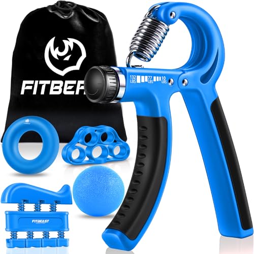 FitBeast Hand Grip Strengthener Workout Kit (5 Pack) FitBeast Forearm Grip Adjustable Resistance Hand Gripper, Finger Exerciser, Finger Stretcher, Grip Ring & Stress Relief Grip Ball for Athletes (Light Blue) - Image 1