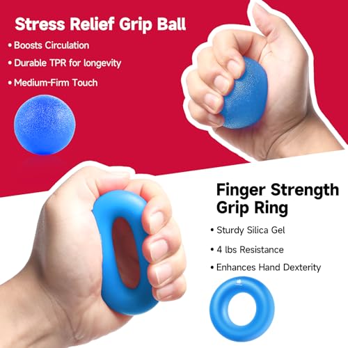 FitBeast Hand Grip Strengthener Workout Kit (5 Pack) FitBeast Forearm Grip Adjustable Resistance Hand Gripper, Finger Exerciser, Finger Stretcher, Grip Ring & Stress Relief Grip Ball for Athletes (Light Blue) - Image 4