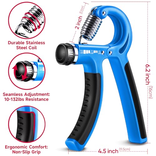 FitBeast Hand Grip Strengthener Workout Kit (5 Pack) FitBeast Forearm Grip Adjustable Resistance Hand Gripper, Finger Exerciser, Finger Stretcher, Grip Ring & Stress Relief Grip Ball for Athletes (Light Blue) - Image 2