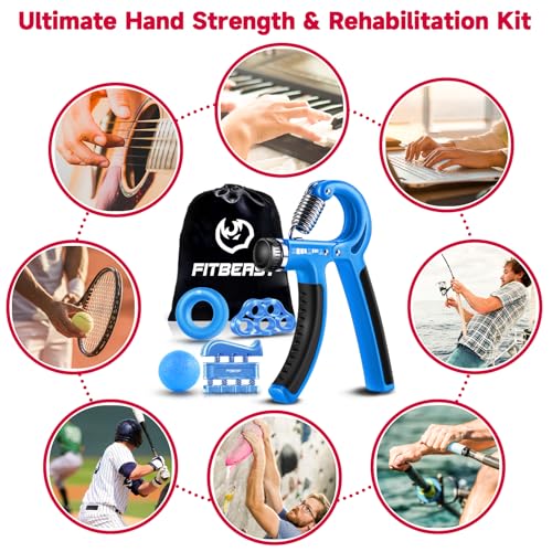 FitBeast Hand Grip Strengthener Workout Kit (5 Pack) FitBeast Forearm Grip Adjustable Resistance Hand Gripper, Finger Exerciser, Finger Stretcher, Grip Ring & Stress Relief Grip Ball for Athletes (Light Blue) - Image 5
