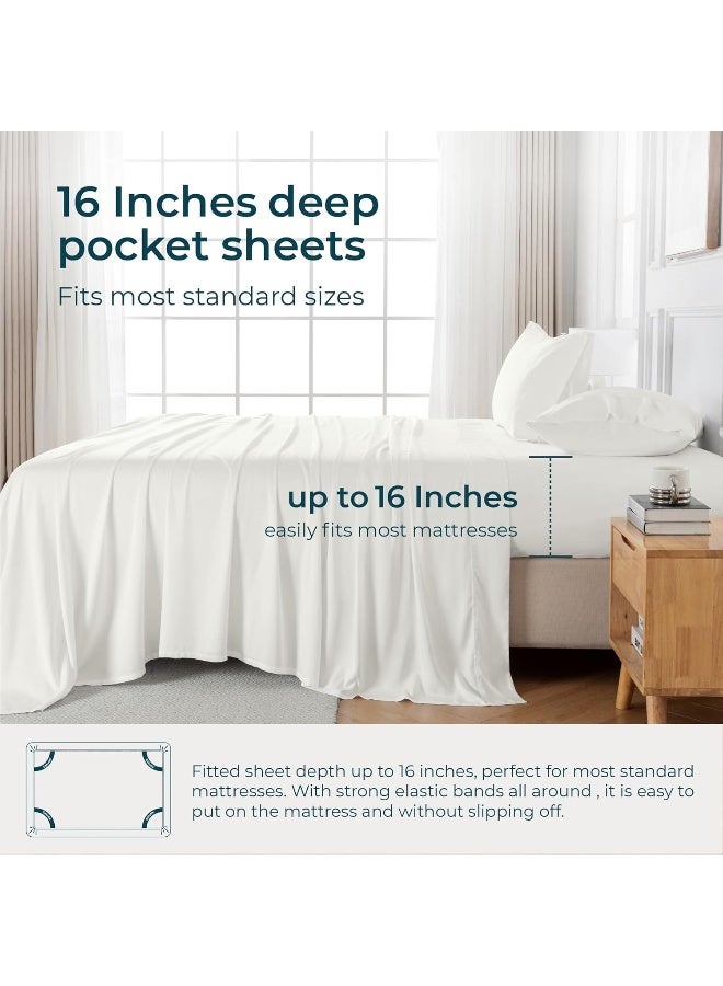 GOKOTTA Queen Size Bed Sheets 4 Piece Set, 100% Rayon Derived from Bamboo, Cooling for Hot Sleepers-Luxury Breathable Soft Sheets, Deep Pocket 16" Fitted Sheet with Elastic Corner Straps, Cream White - Image 2