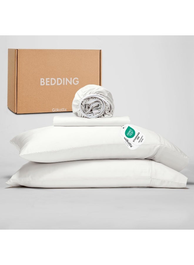 GOKOTTA Queen Size Bed Sheets 4 Piece Set, 100% Rayon Derived from Bamboo, Cooling for Hot Sleepers-Luxury Breathable Soft Sheets, Deep Pocket 16" Fitted Sheet with Elastic Corner Straps, Cream White - Image 1