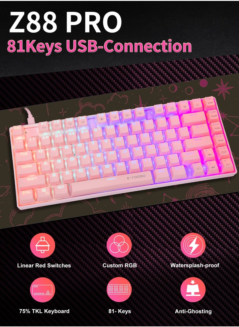 إي-يوسو - لوحة مفاتيح ميكانيكية للألعاب Z-88 PRO RGB، مفتاح أحمر، إضاءة خلفية RGB، مقاومة للماء، لوحة مفاتيح تخطيط 75% مدمجة 81 مفتاحًا مضادة للظلال لأجهزة Mac والكمبيوتر الشخصي، وردي - Image 1