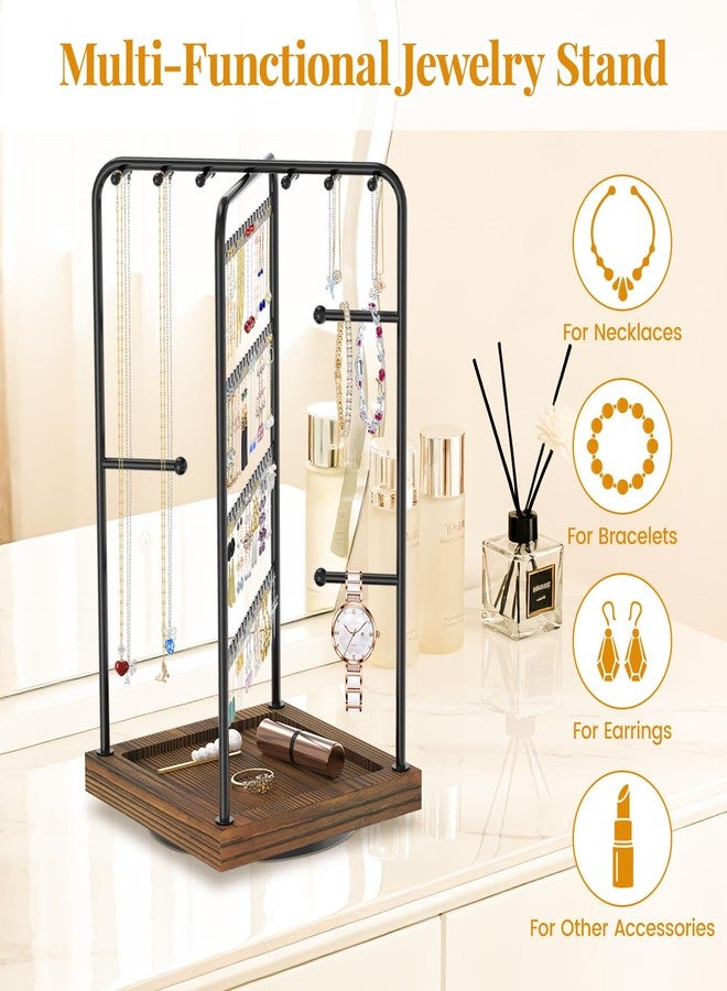 EsLuker.ly Earring Necklace Holder Organizer Jewelry Display Stand, Rotating Wood Earring Tower Rack with 12 Necklace Hooks for Women Vendors Selling, Countertop Bracelets Storage Tree, Brown Black - Image 2