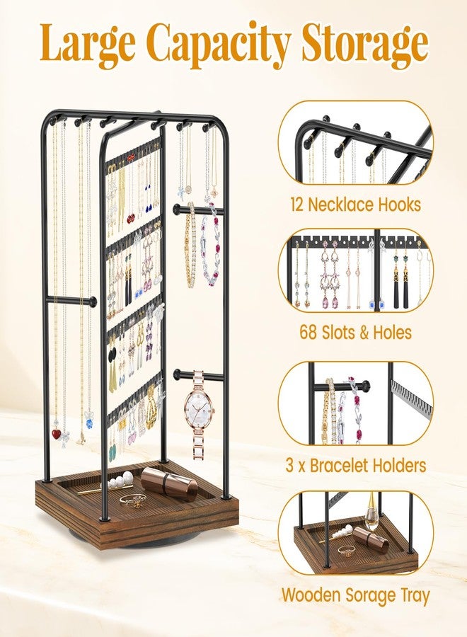 EsLuker.ly Earring Necklace Holder Organizer Jewelry Display Stand, Rotating Wood Earring Tower Rack with 12 Necklace Hooks for Women Vendors Selling, Countertop Bracelets Storage Tree, Brown Black - Image 5