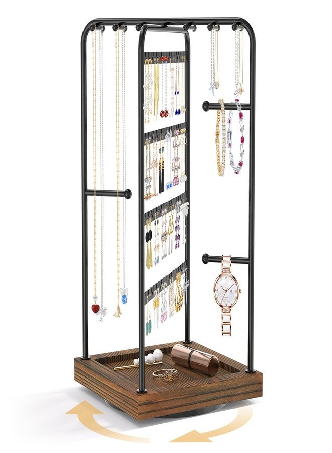 EsLuker.ly Earring Necklace Holder Organizer Jewelry Display Stand, Rotating Wood Earring Tower Rack with 12 Necklace Hooks for Women Vendors Selling, Countertop Bracelets Storage Tree, Brown Black - Image 1