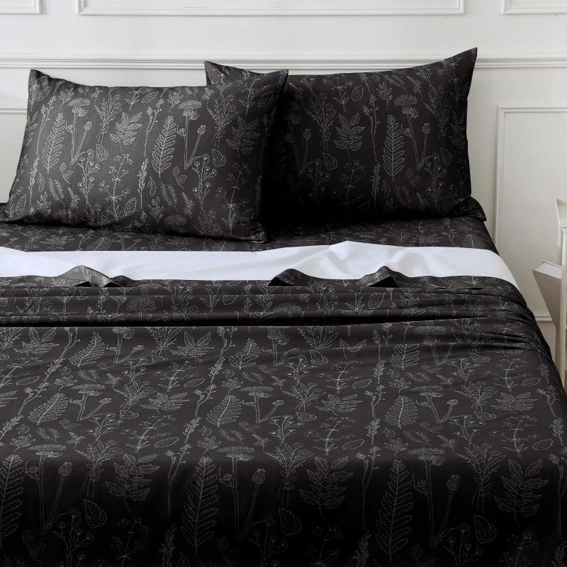 Homilay 100% Organic Cotton Percale Sheets Set,Queen Size 4 PC, Breathable&Durable Hotel Quality Bedding, 16" Deep Pocket Botanical Floral Bedsheets,Black - Image 1