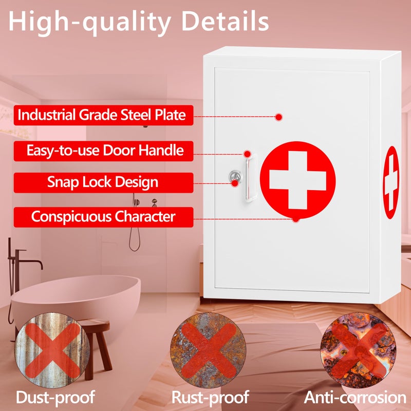 Wensha Locking Medicine Cabinet for Bathroom: Wall Mount Medical Box for Medication Storage - Large Capacity First Aid Wall Cabinet for Home, School, Office (White) - Image 5