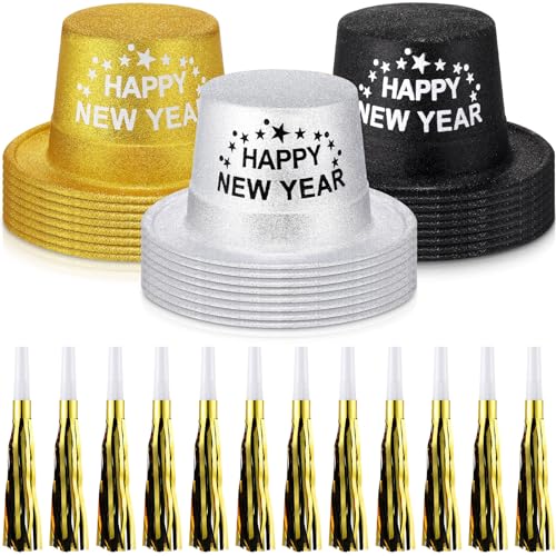 Poen 48 Pcs New Years 2026 Eve Party Supplies Included 24 Plastic Glitter Hats 24 Metallic Fringed Noise Makers for Happy New Year Decorations - Image 1