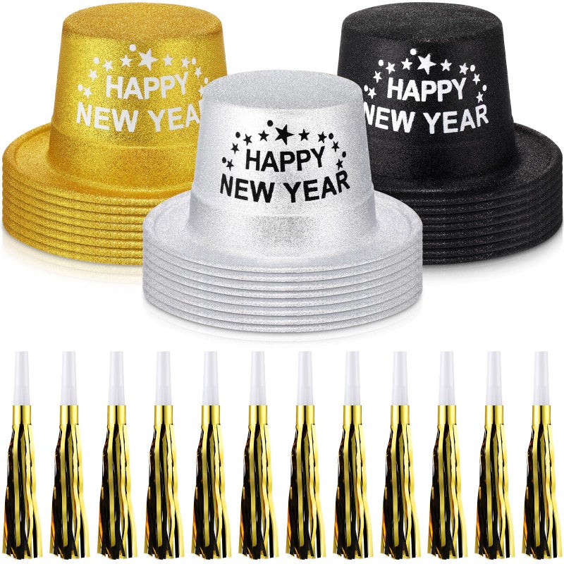 Poen 48 Pcs New Years 2026 Eve Party Supplies Included 24 Plastic Glitter Hats 24 Metallic Fringed Noise Makers for Happy New Year Decorations - Image 3